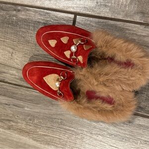 Red Faux-Fur Trim Slip-On Loafers with Pearl Accent